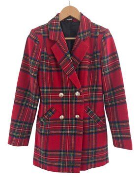Red Plaid Wool Blend Double-Breasted Coat Jacket Size 6 Christmas Holiday Blazer